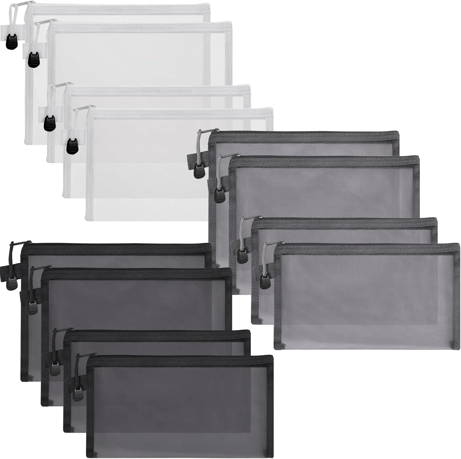12 Pcs Mesh Zipper Pouch, Nylon Mesh Travel Bags, Zipper Pouches for Organizing, Makeup Bags, Cosmetic Bag, Black, White, Grey, 9.5x7.5 Inch, 7x4 Inch