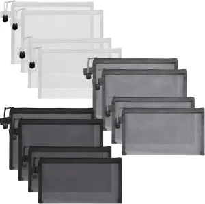 12 Pcs Mesh Zipper Pouch, Nylon Mesh Travel Bags, Zipper Pouches for Organizing, Makeup Bags, Cosmetic Bag, Black, White, Grey, 9.5x7.5 Inch, 7x4 Inch