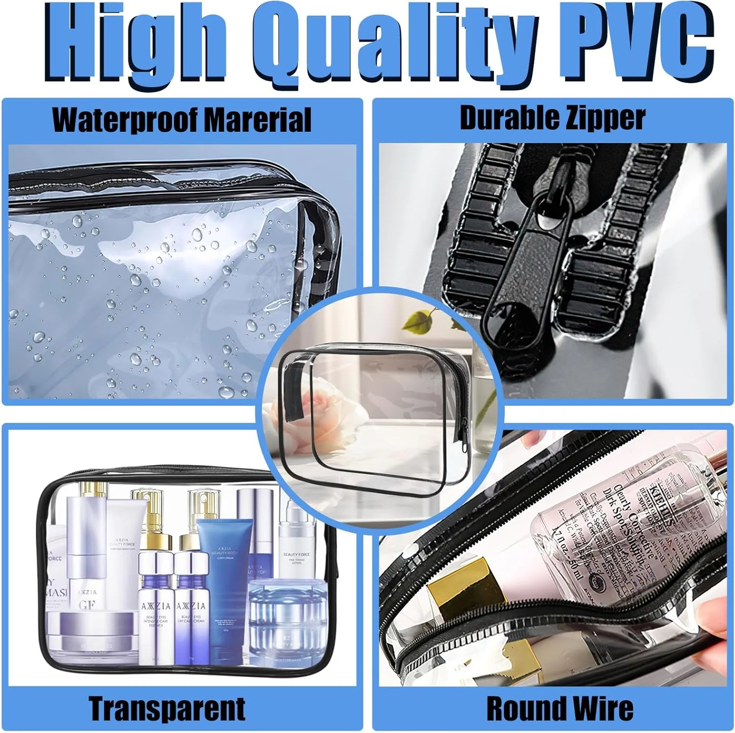 12 Pcs PVC Waterproof Zippered Toiletry Bag - Clear Carry Pouch Cosmetic Makeup Bag TSA Approved for Travel - Medium, Black
