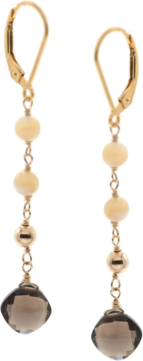 14k Gold-filled Linear Drop Leverback Earrings with Faceted Smoky Quartz Diamond-shaped Drops and Natural Mother of Pearl (Shell) Accents for Women, Men, or Friends
