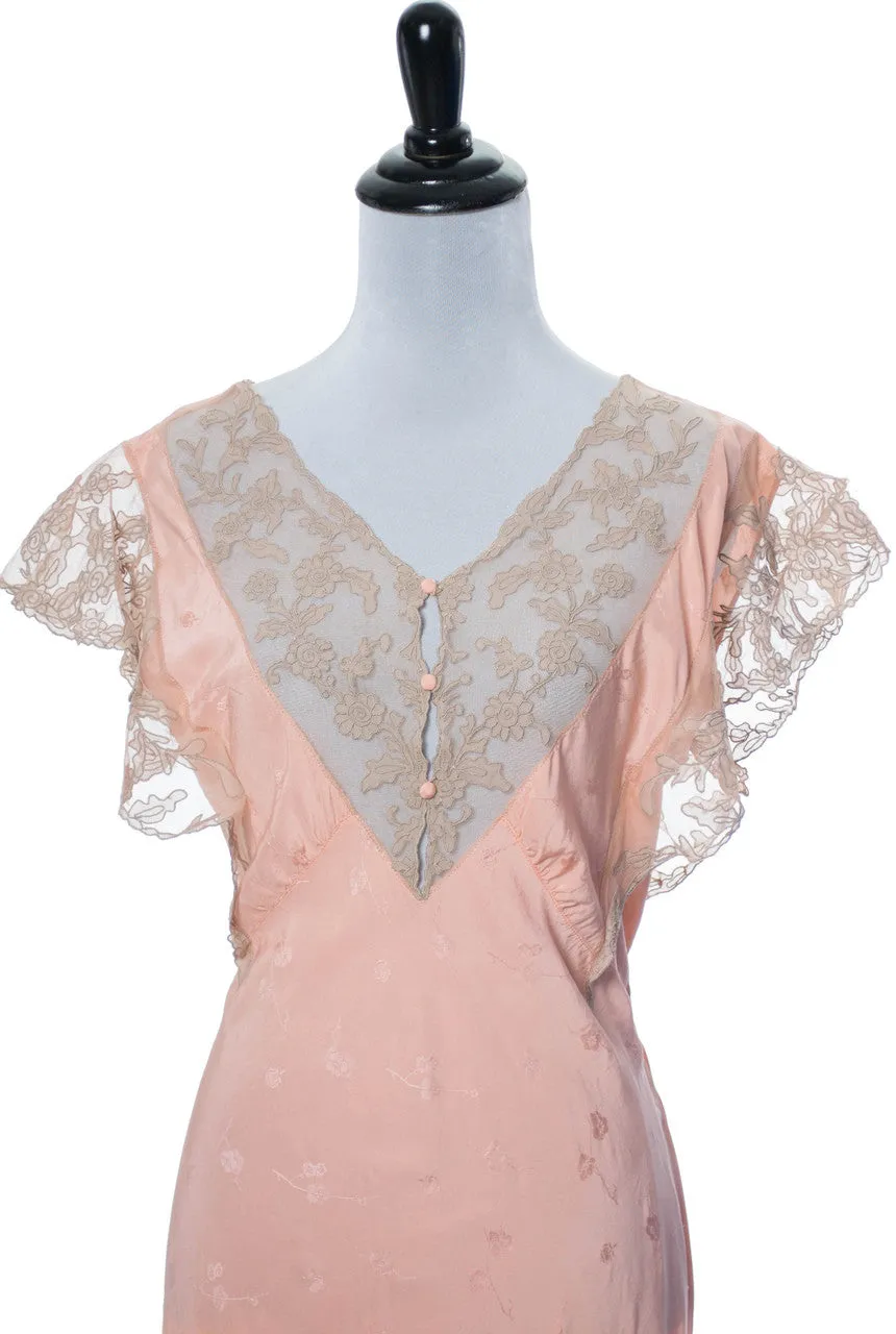 1930s Salmon Pink Silk Vintage Nightgown with Lace Trim
