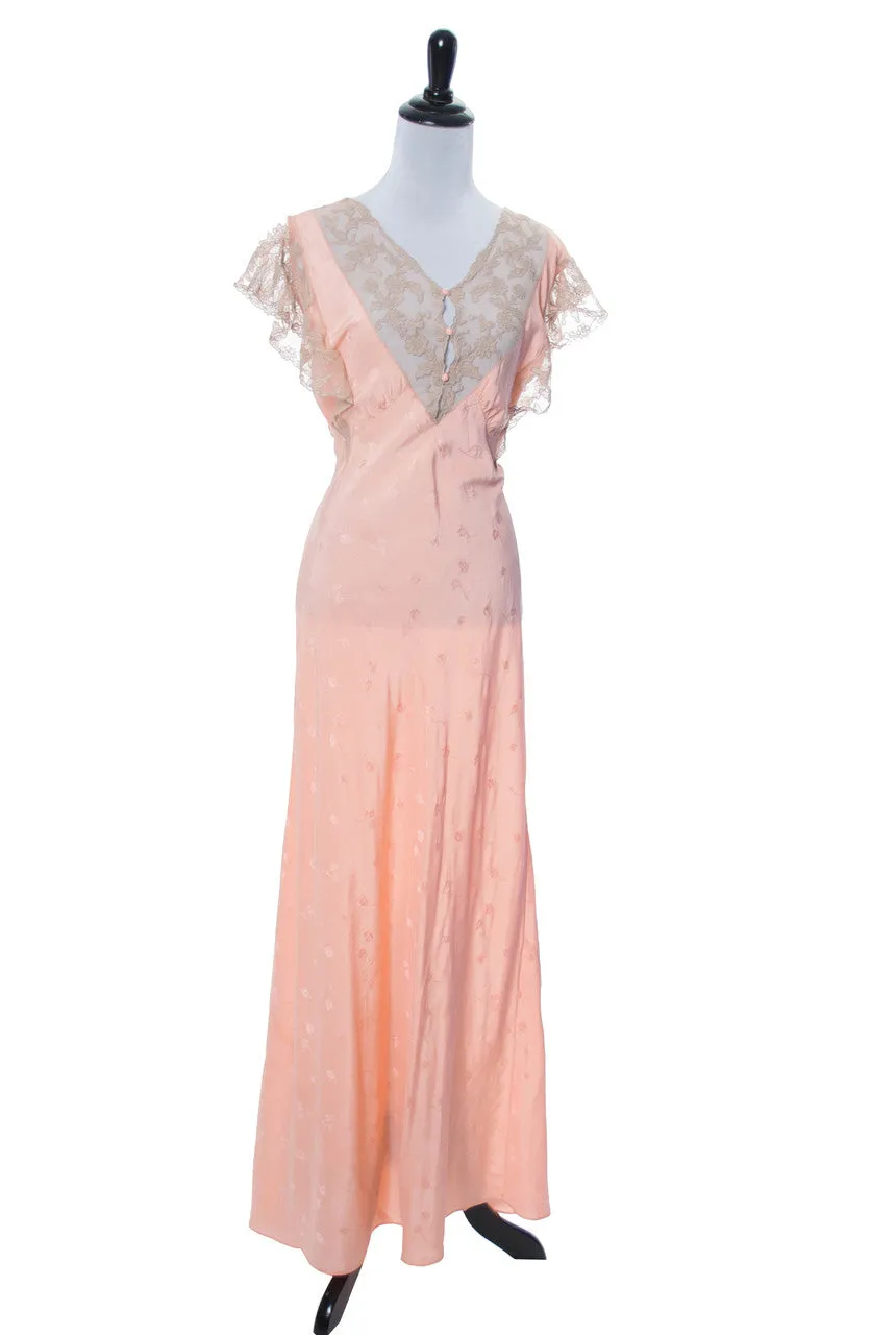 1930s Salmon Pink Silk Vintage Nightgown with Lace Trim