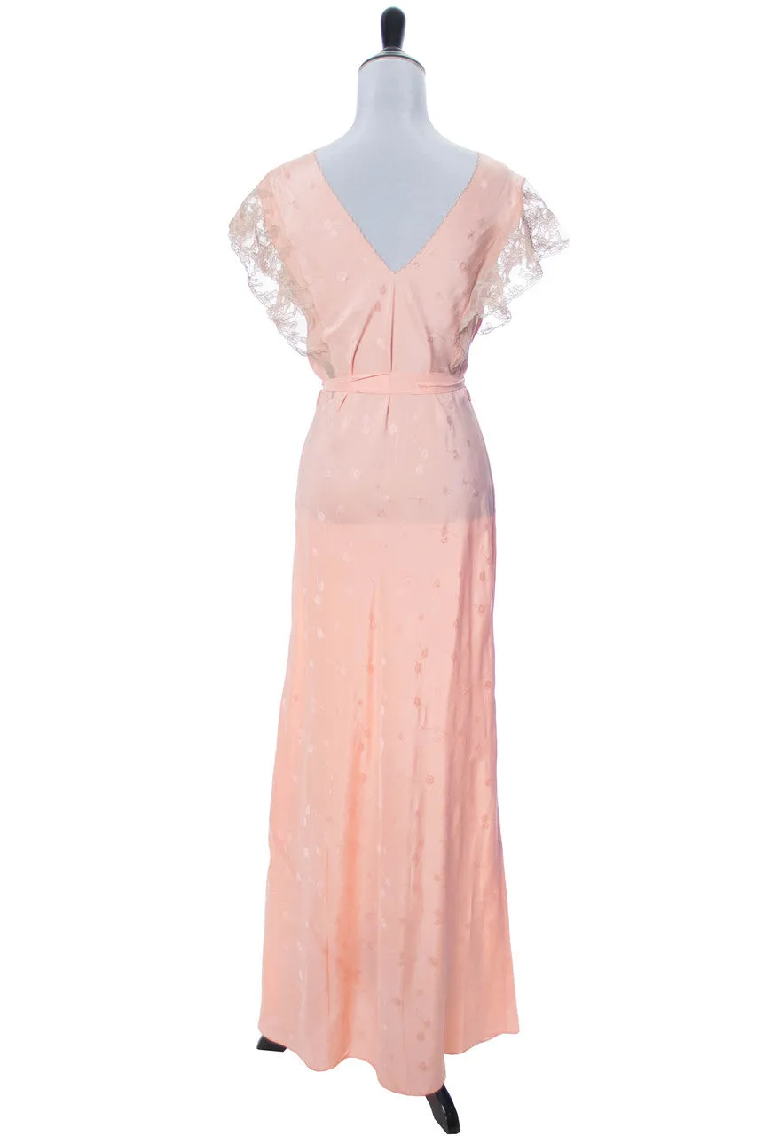1930s Salmon Pink Silk Vintage Nightgown with Lace Trim