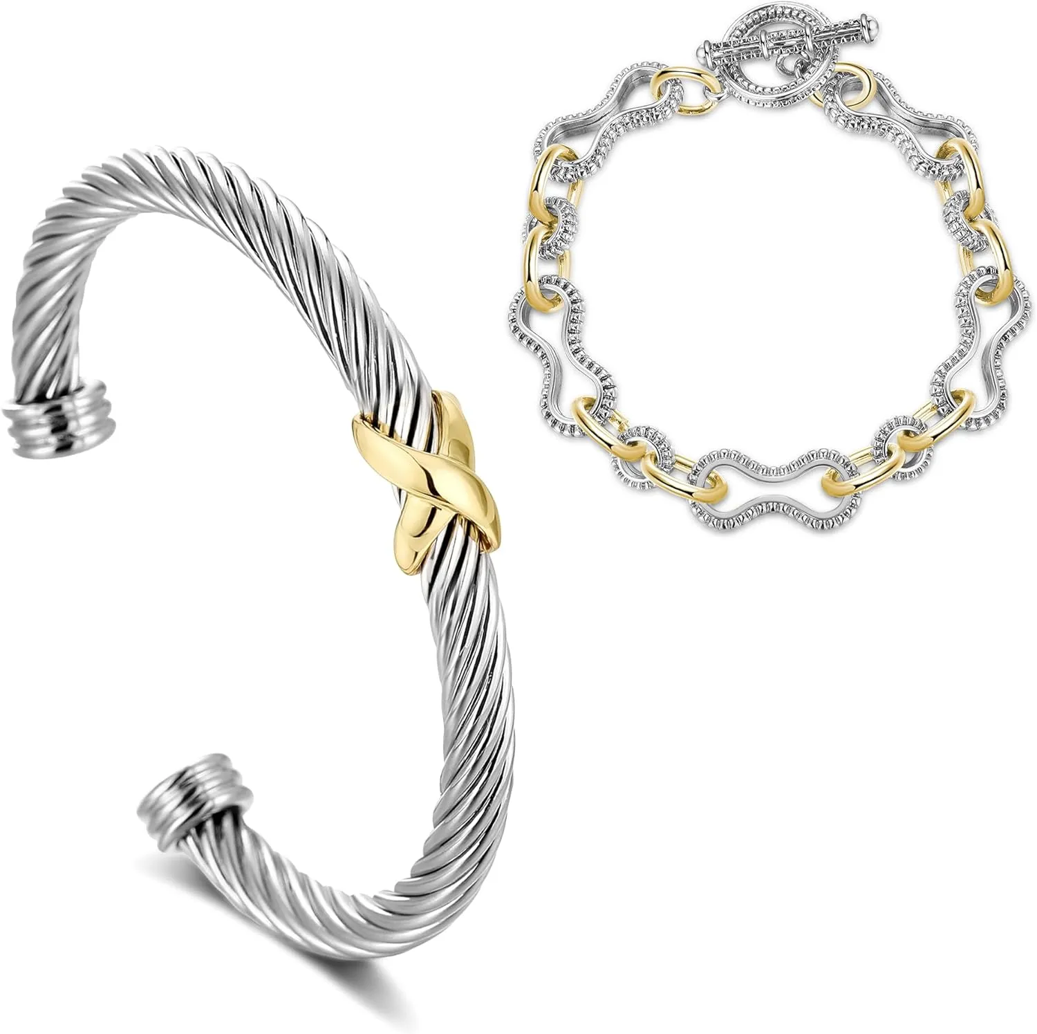 2 Pcs Cable Cuff Bracelets for Women Wire Twisted - Wire Cable Bangle Bracelets Silver Two Tone - Gold and Silver Chain Bracelet Circle Link Bracelets Jewelry Gifts