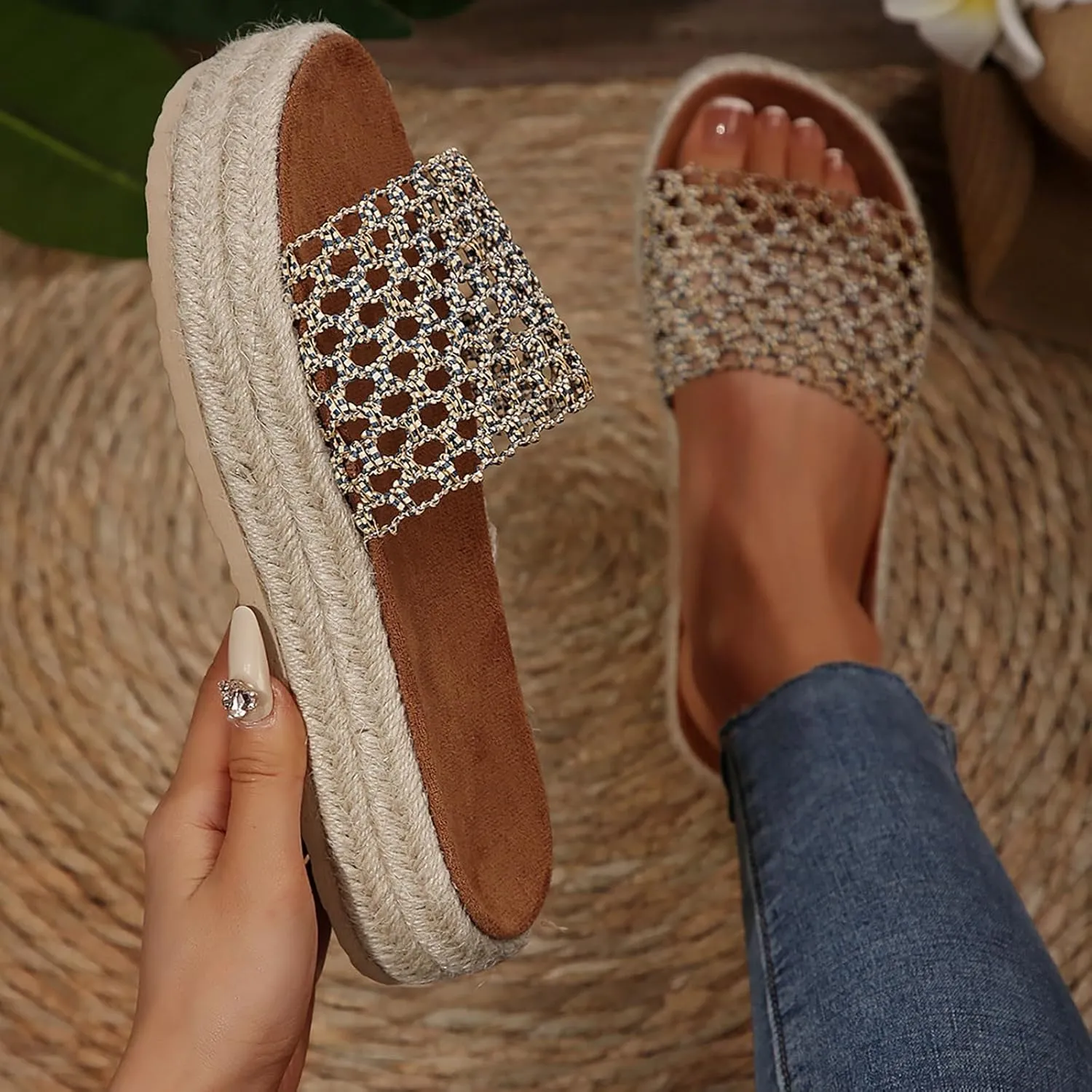 2025 Wedges Sandals for Women Breathable Indoor/Outdoor Mesh Espadrilles Platform Walking Footwear Summer Beach Vacation Slippers Fashion Comfortable Open Toe Soft Sole Wedge Heel Shoe