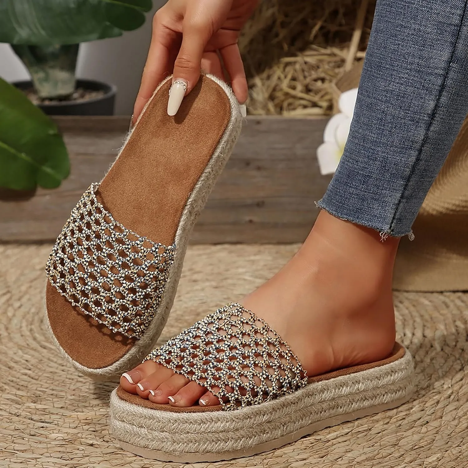 2025 Wedges Sandals for Women Breathable Indoor/Outdoor Mesh Espadrilles Platform Walking Footwear Summer Beach Vacation Slippers Fashion Comfortable Open Toe Soft Sole Wedge Heel Shoe