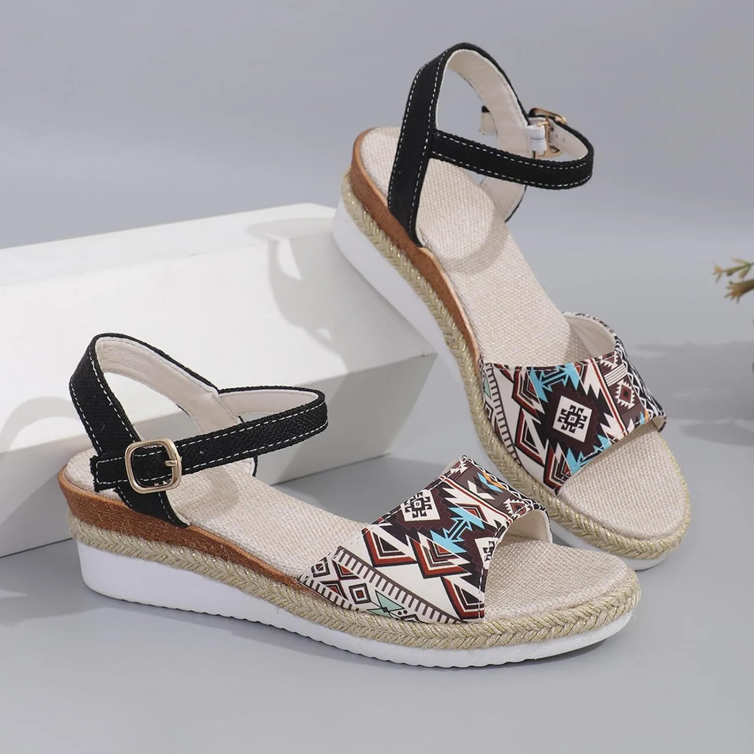 2025 Women Comfortable Wedge Heel Sandals Fashion Bohemian Retro Ladies Dress Walking Footwear with Adjustable Buckle Summer Platform Slide Slippers Breathable Vacation Espadrilles Casual Shoe