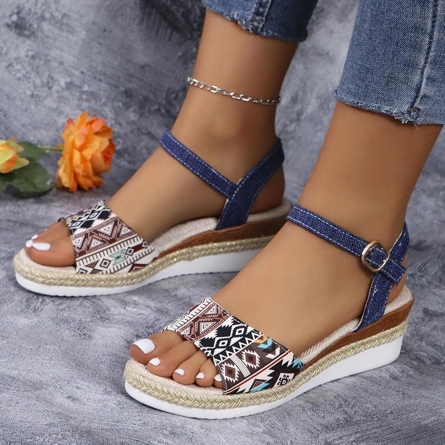 2025 Women Comfortable Wedge Heel Sandals Fashion Bohemian Retro Ladies Dress Walking Footwear with Adjustable Buckle Summer Platform Slide Slippers Breathable Vacation Espadrilles Casual Shoe
