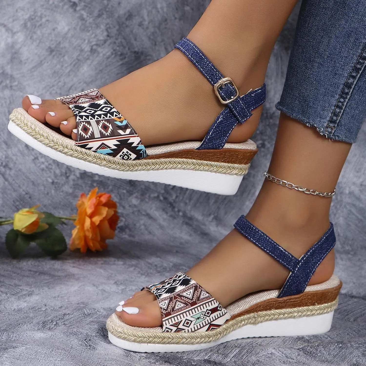 2025 Women Comfortable Wedge Heel Sandals Fashion Bohemian Retro Ladies Dress Walking Footwear with Adjustable Buckle Summer Platform Slide Slippers Breathable Vacation Espadrilles Casual Shoe