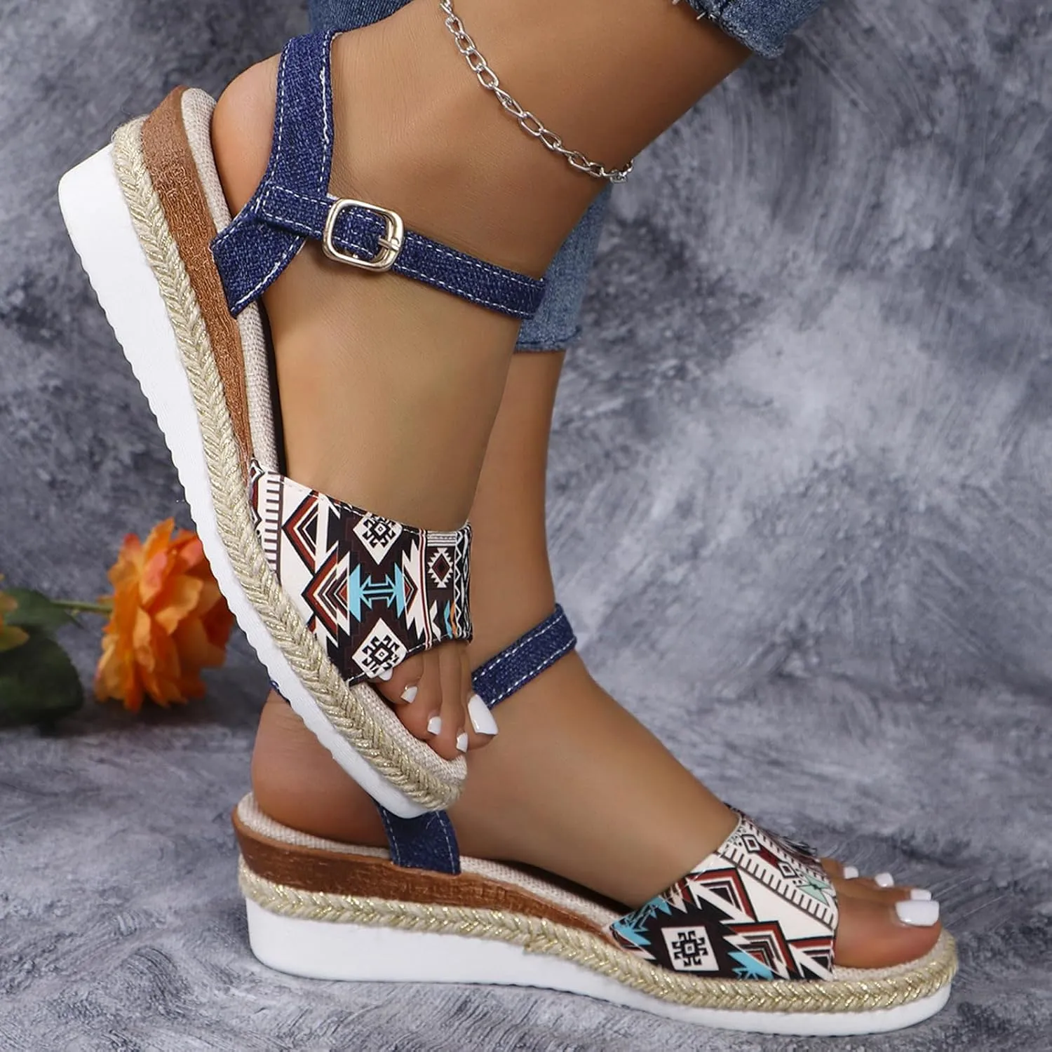 2025 Women Comfortable Wedge Heel Sandals Fashion Bohemian Retro Ladies Dress Walking Footwear with Adjustable Buckle Summer Platform Slide Slippers Breathable Vacation Espadrilles Casual Shoe