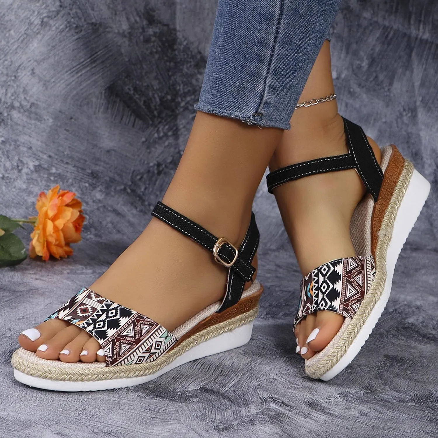 2025 Women Comfortable Wedge Heel Sandals Fashion Bohemian Retro Ladies Dress Walking Footwear with Adjustable Buckle Summer Platform Slide Slippers Breathable Vacation Espadrilles Casual Shoe