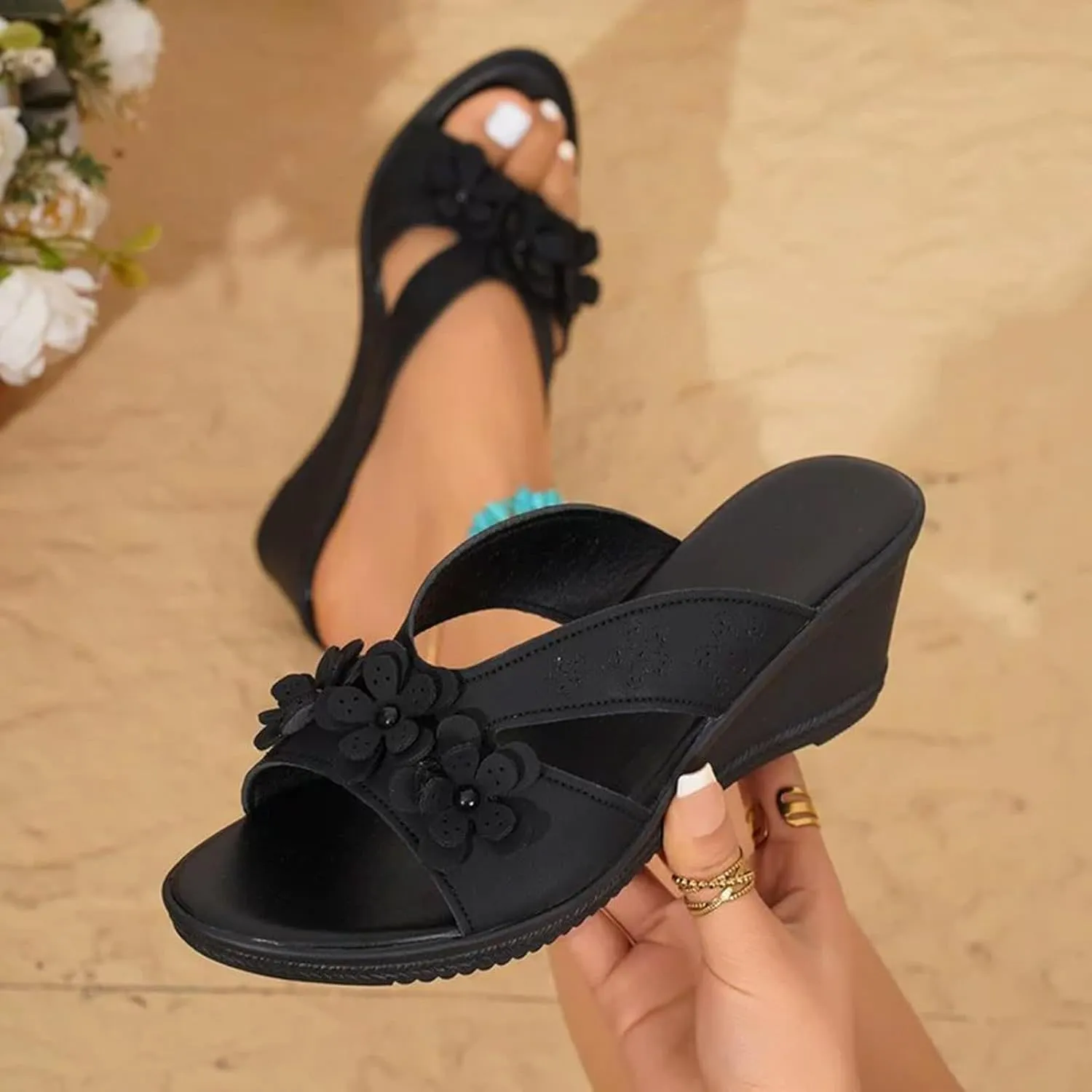 2025 Women Wedge Sandals Summer Fashion Cute Flower Height Increase Espadrilles Slippers Indoor/Outdoor Open Toe Walking Footwear Comfortable Breathable Beach Vacation Slip-On Casual Shoe