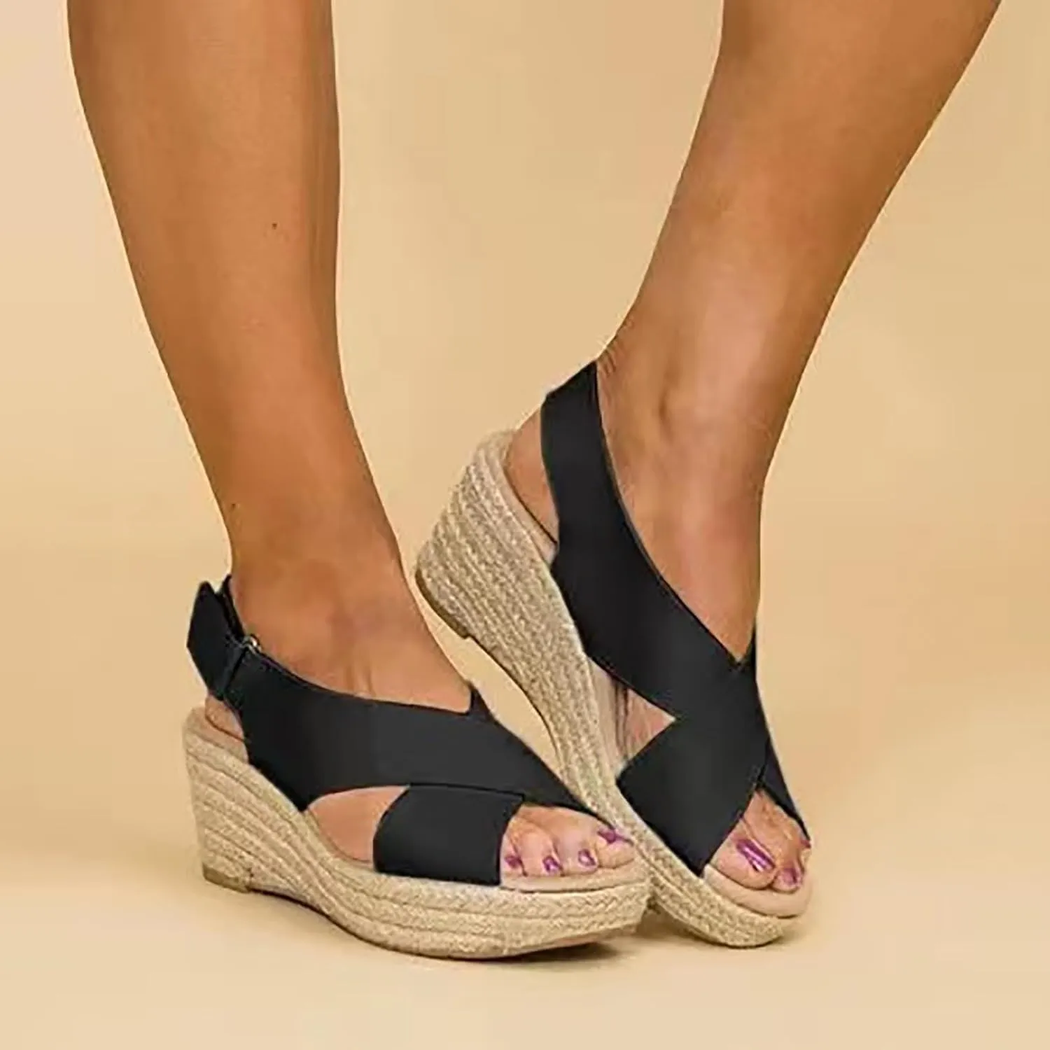 2025 Women Wedges Sandals Comfortable Height Increase Espadrilles Shoes with Hook Loop Strap Ladies Dress Walking Footwear Fashion Beach Vacation Slippers Breathable Open Toe Soft Sole Slides