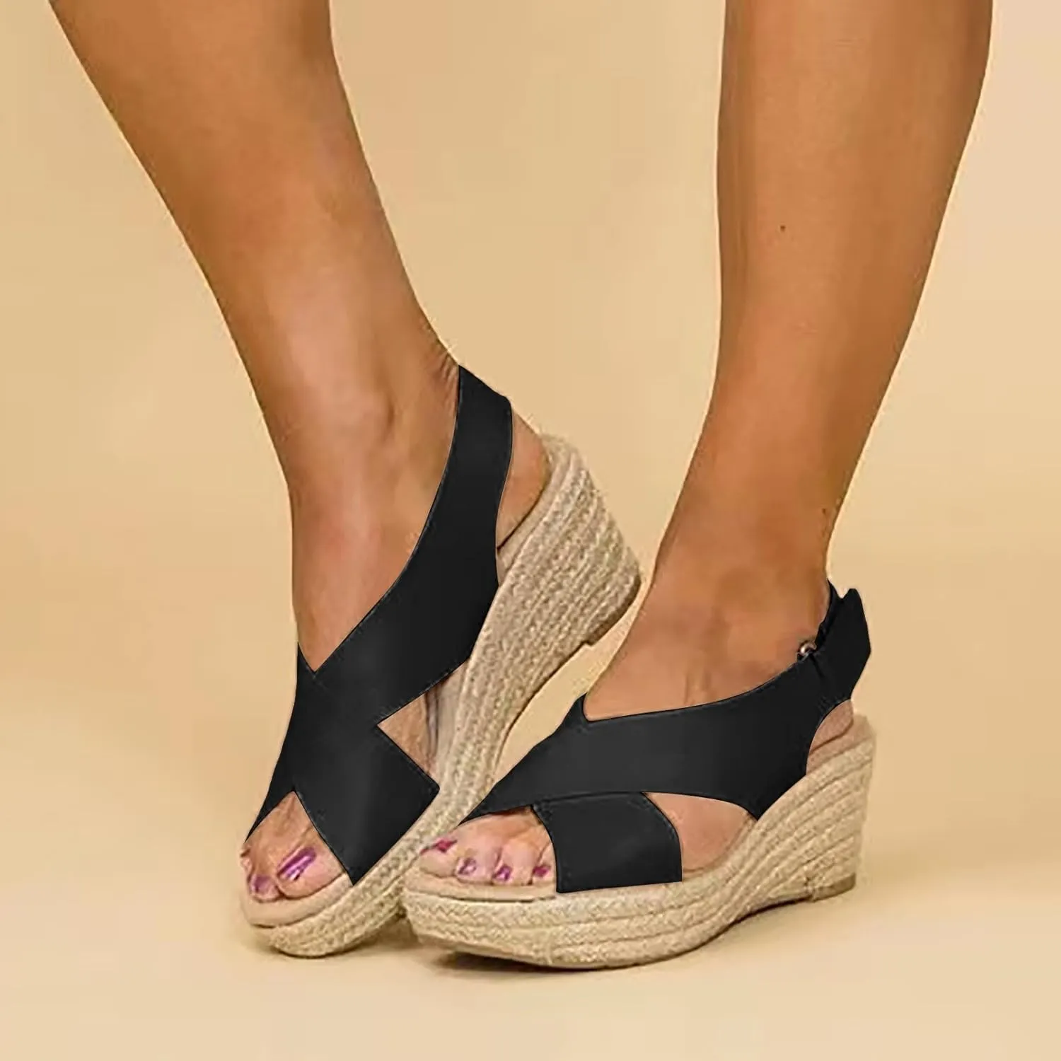 2025 Women Wedges Sandals Comfortable Height Increase Espadrilles Shoes with Hook Loop Strap Ladies Dress Walking Footwear Fashion Beach Vacation Slippers Breathable Open Toe Soft Sole Slides