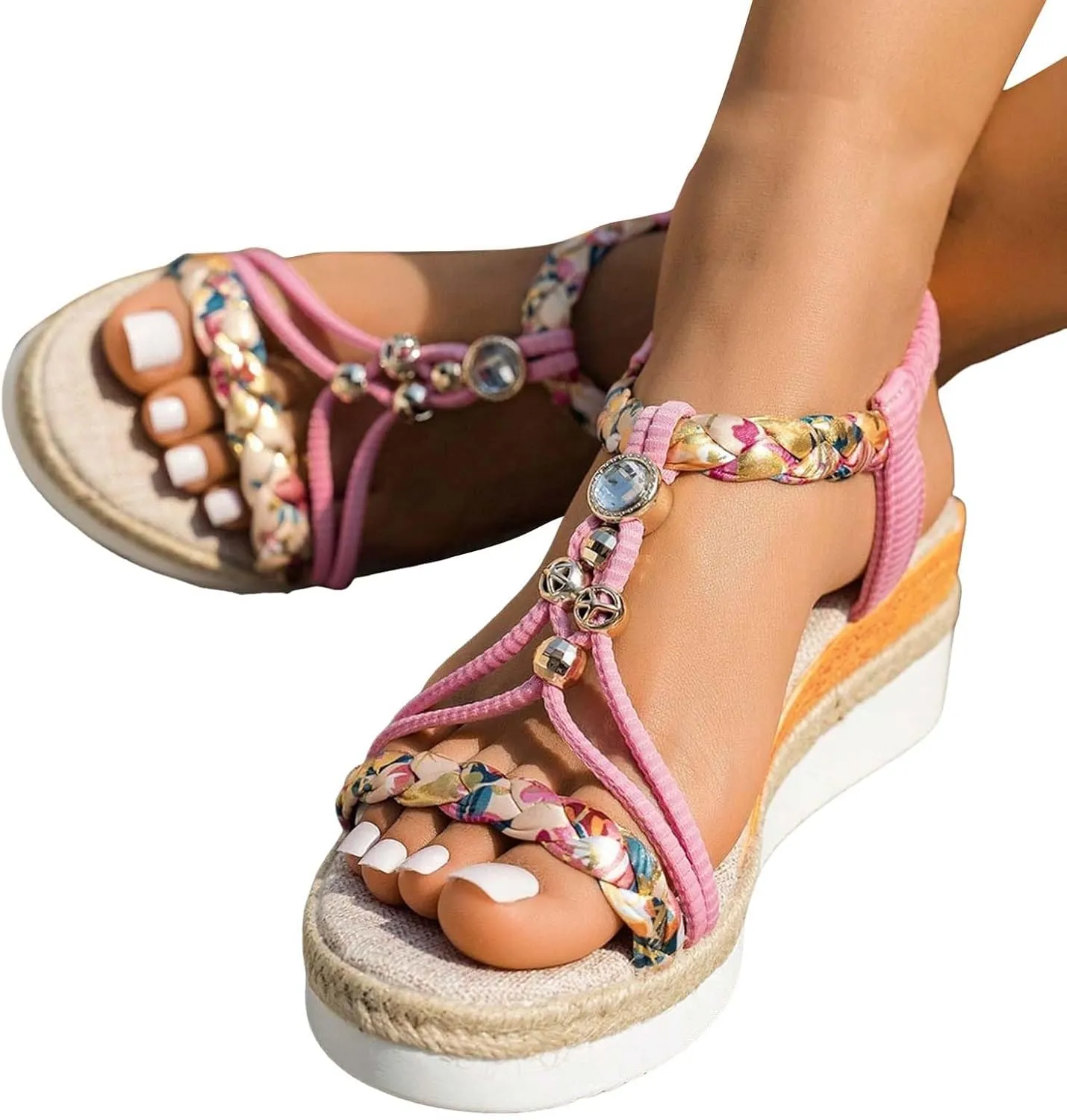 2025 Women Wedges Sandals Fashion Bohemian Roman Espadrilles Platform Slippers with Ankle Strap Comfortable Ladies Dress Non-Slip Wedge Heel Shoe Summer Breathable Beach Vacation Walking Footwear