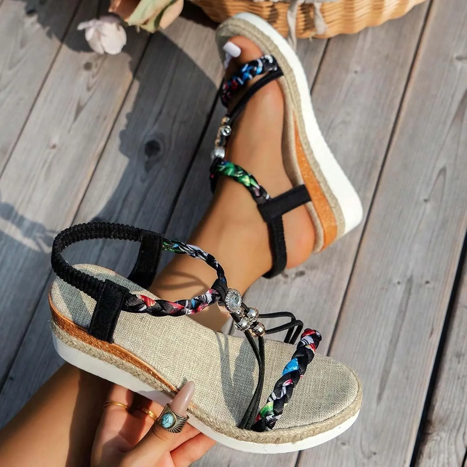 2025 Women Wedges Sandals Fashion Bohemian Roman Espadrilles Platform Slippers with Ankle Strap Comfortable Ladies Dress Non-Slip Wedge Heel Shoe Summer Breathable Beach Vacation Walking Footwear
