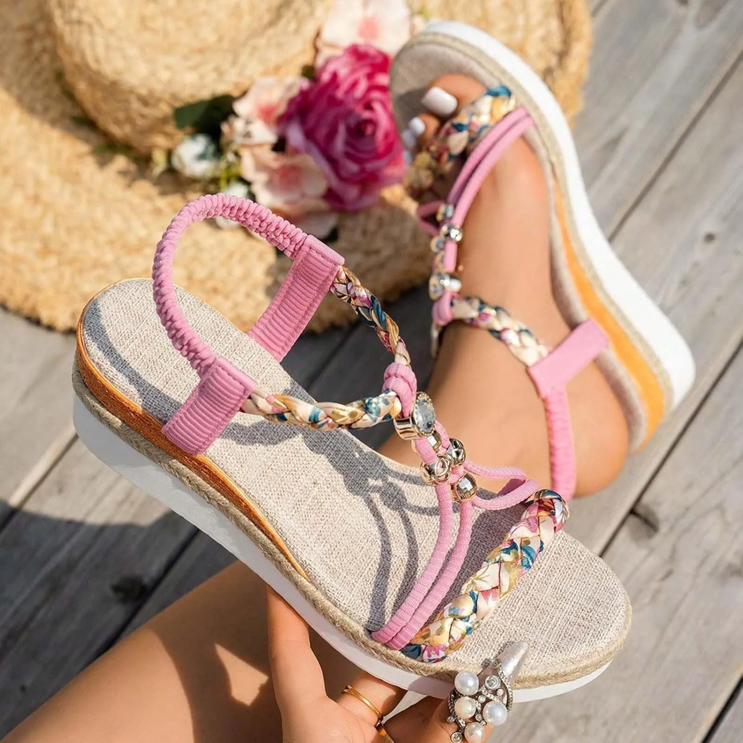 2025 Women Wedges Sandals Fashion Bohemian Roman Espadrilles Platform Slippers with Ankle Strap Comfortable Ladies Dress Non-Slip Wedge Heel Shoe Summer Breathable Beach Vacation Walking Footwear
