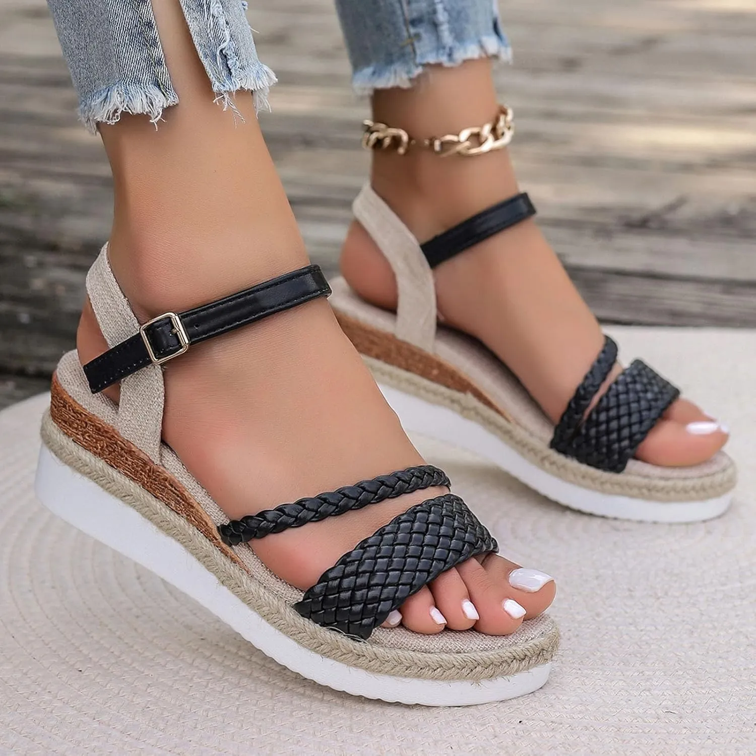 2025 Women Wedges Sandals Fashion Ladies Dress Espadrilles Platform Walking Footwear with Adjustable Buckle Comfortable Breathable Slip-On Wedge Heel Shoe Indoor/Outdoor Summer Vacation Slides