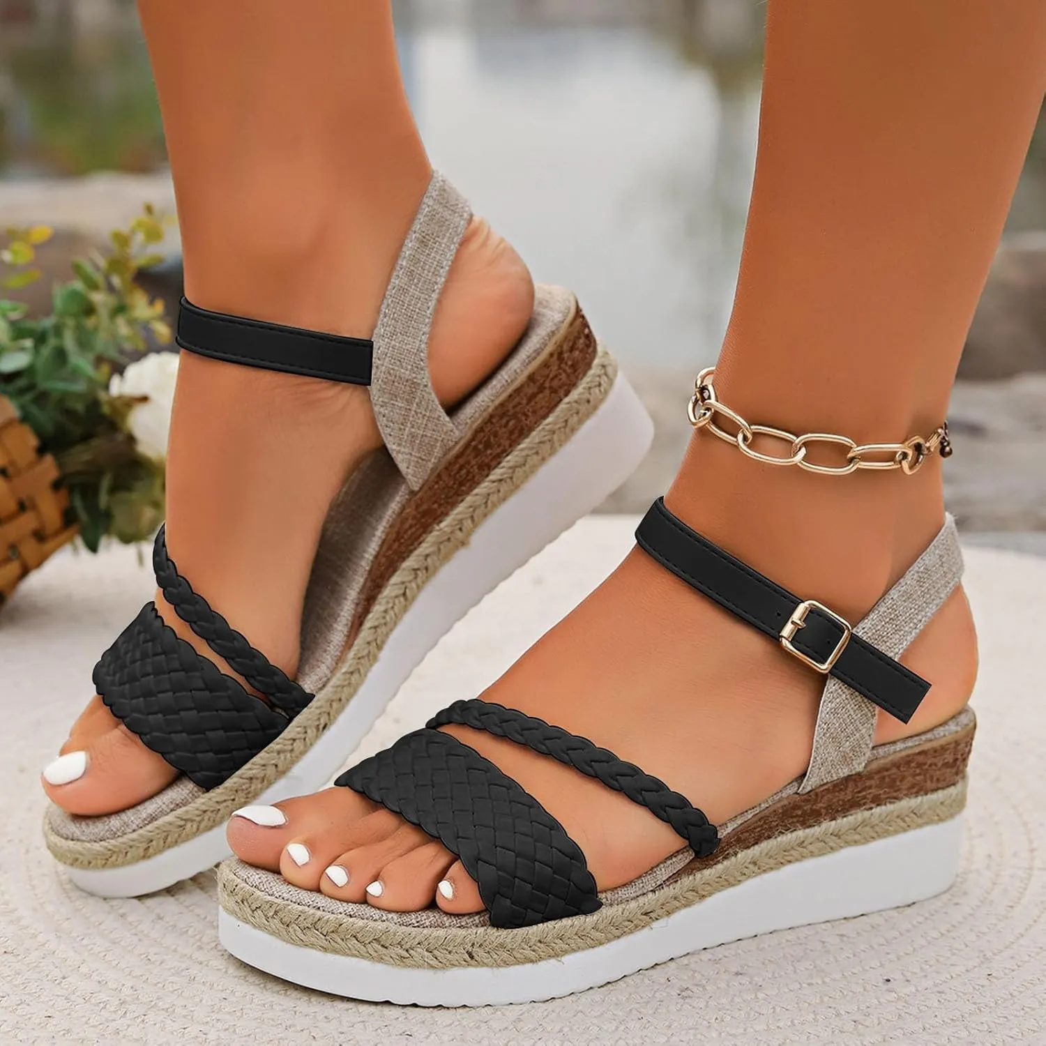 2025 Women Wedges Sandals Fashion Ladies Dress Espadrilles Platform Walking Footwear with Adjustable Buckle Comfortable Breathable Slip-On Wedge Heel Shoe Indoor/Outdoor Summer Vacation Slides