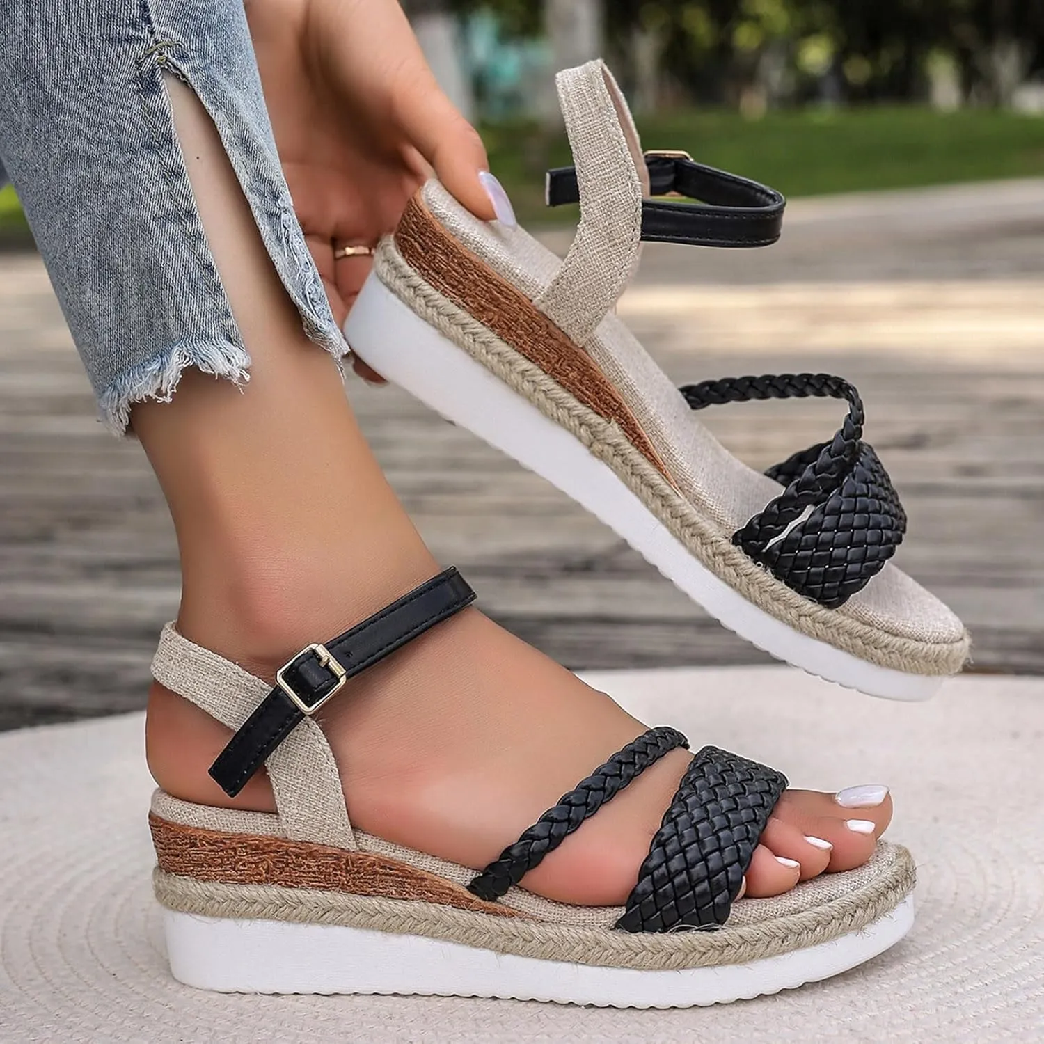 2025 Women Wedges Sandals Fashion Ladies Dress Espadrilles Platform Walking Footwear with Adjustable Buckle Comfortable Breathable Slip-On Wedge Heel Shoe Indoor/Outdoor Summer Vacation Slides