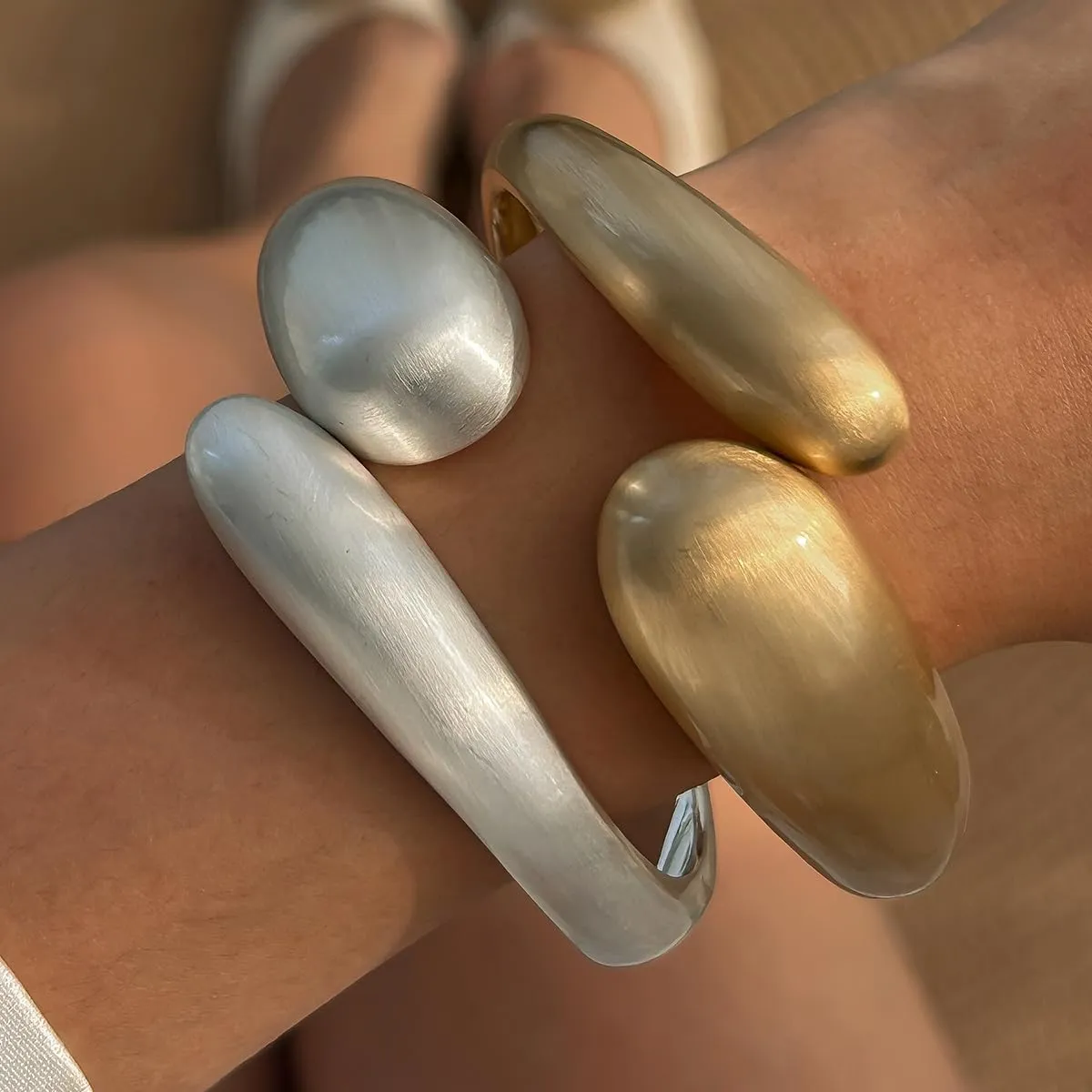 2PCS Chunky Gold Bangle Bracelets for Women Trendy Silver Plated Irregular Cuff Bracelets Stack Set Minimalist Arm Cuff Bracelet Statement Bracelets Fashion Cute Silver Jewelry