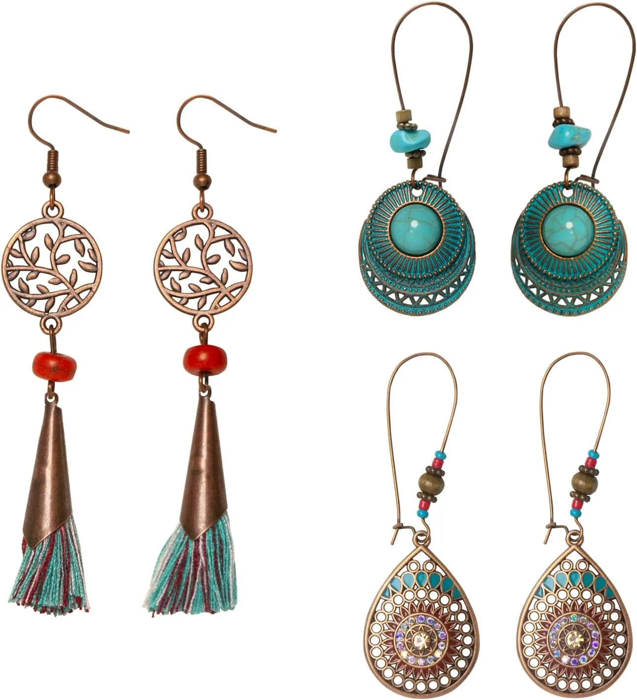 3 Pairs Earrings for women boho African earring Hypoallergenic boho earrings Boho dangle earrings for women Vintage drop hoop dangle earrings