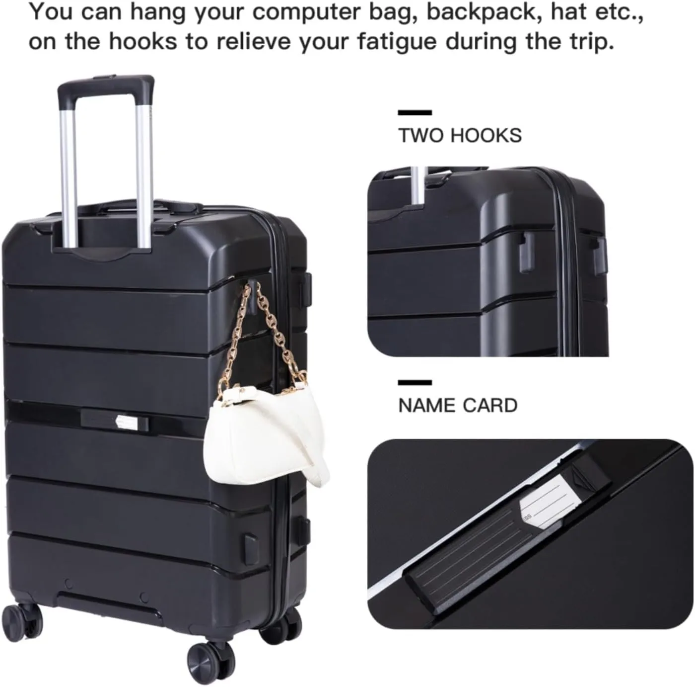 3-Piece PP Hardshell Luggage Set (20"/24"/28") - Lightweight Durable Suitcases with Lock & 360 Spinner Wheels - Black Carry-On & Checked Luggage (Black   Polypropylene)