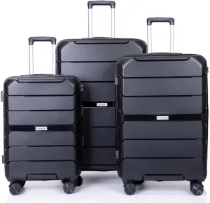 3-Piece PP Hardshell Luggage Set (20"/24"/28") - Lightweight Durable Suitcases with Lock & 360 Spinner Wheels - Black Carry-On & Checked Luggage (Black   Polypropylene)