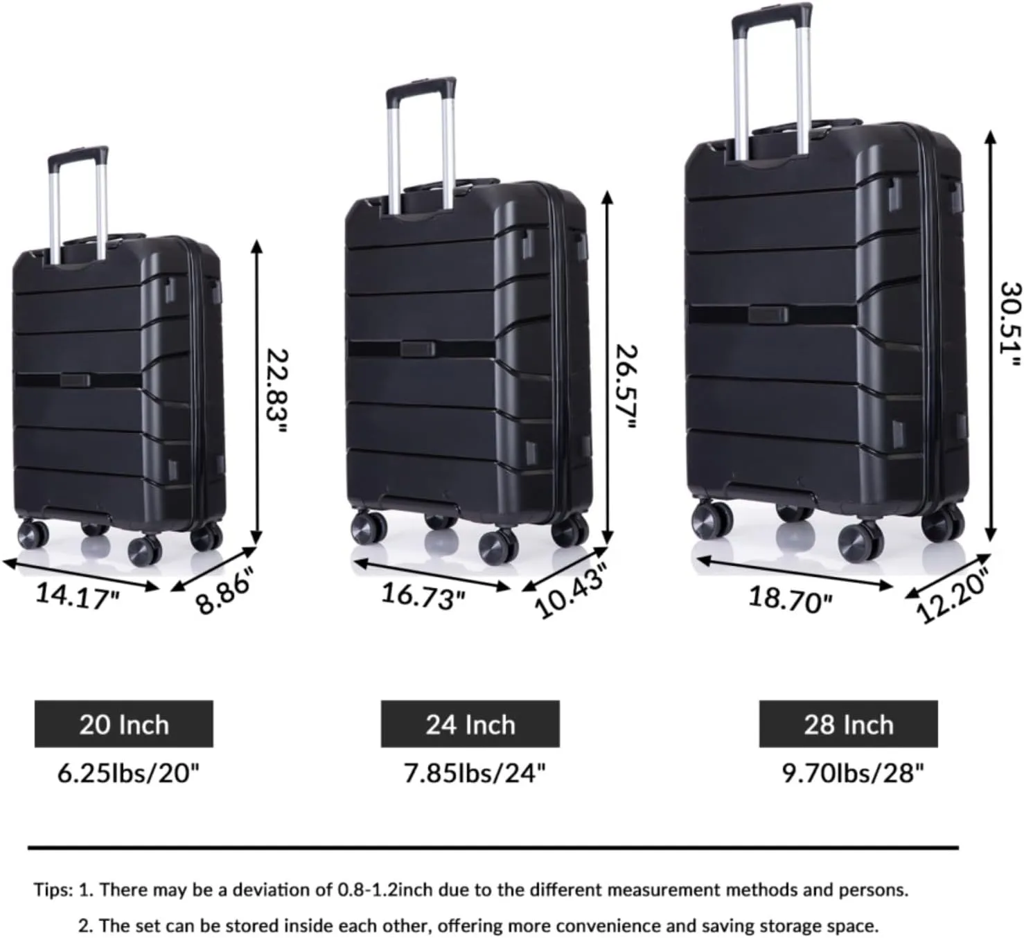3-Piece PP Hardshell Luggage Set (20"/24"/28") - Lightweight Durable Suitcases with Lock & 360 Spinner Wheels - Black Carry-On & Checked Luggage (Black   Polypropylene)
