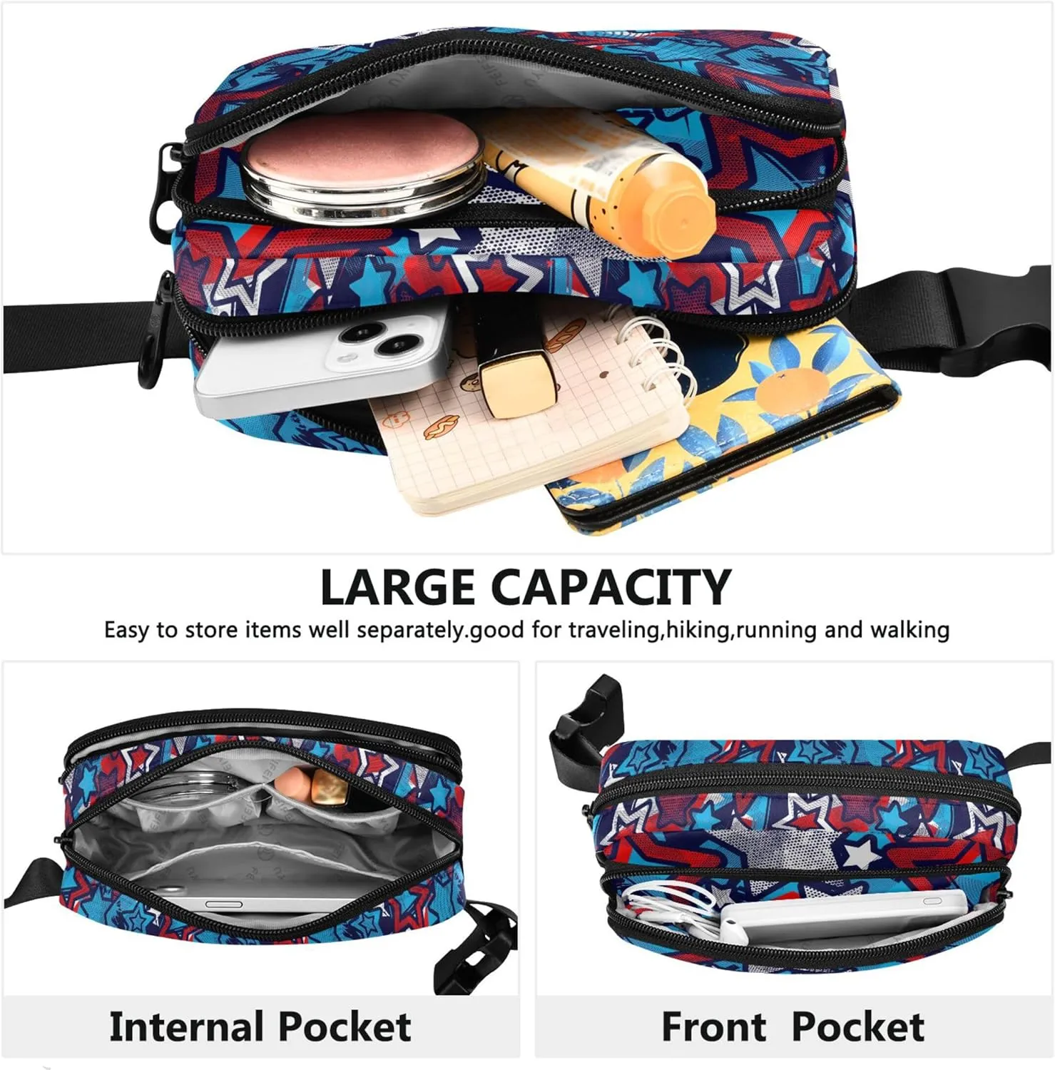4th July USA Independence Stars Women Fanny Packs Waterproof Hip Bag Belt Pouch Cute Travel Waist Pack for Men