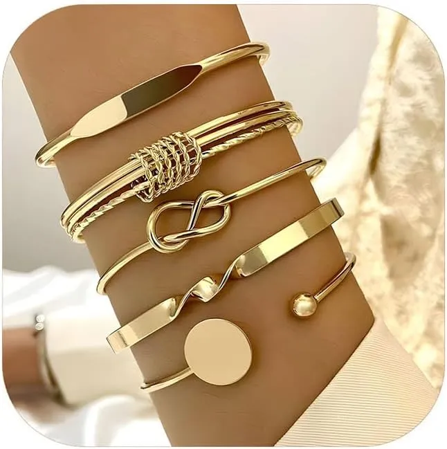 5Pcs Gold Bangle Bracelets for Women Stackable Bangle Cuff Bracelets Gold Knot Twist Bracelets Boho Gold Bangle Set Multi-layered Gold Cuff Bracelet Minimalist Jewelry