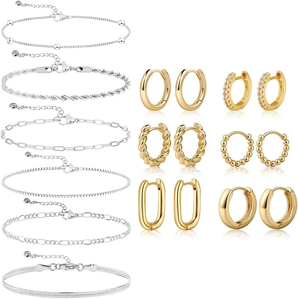 6PCS Silver Bracelets and 6 Pairs Gold Chunky Hoop Earrings Set for Women, Stackable Snake Chain Figaro Paperclip Link Chain Adjustable Bracelet, 14K Gold Plated Huggie Hoop Earrings