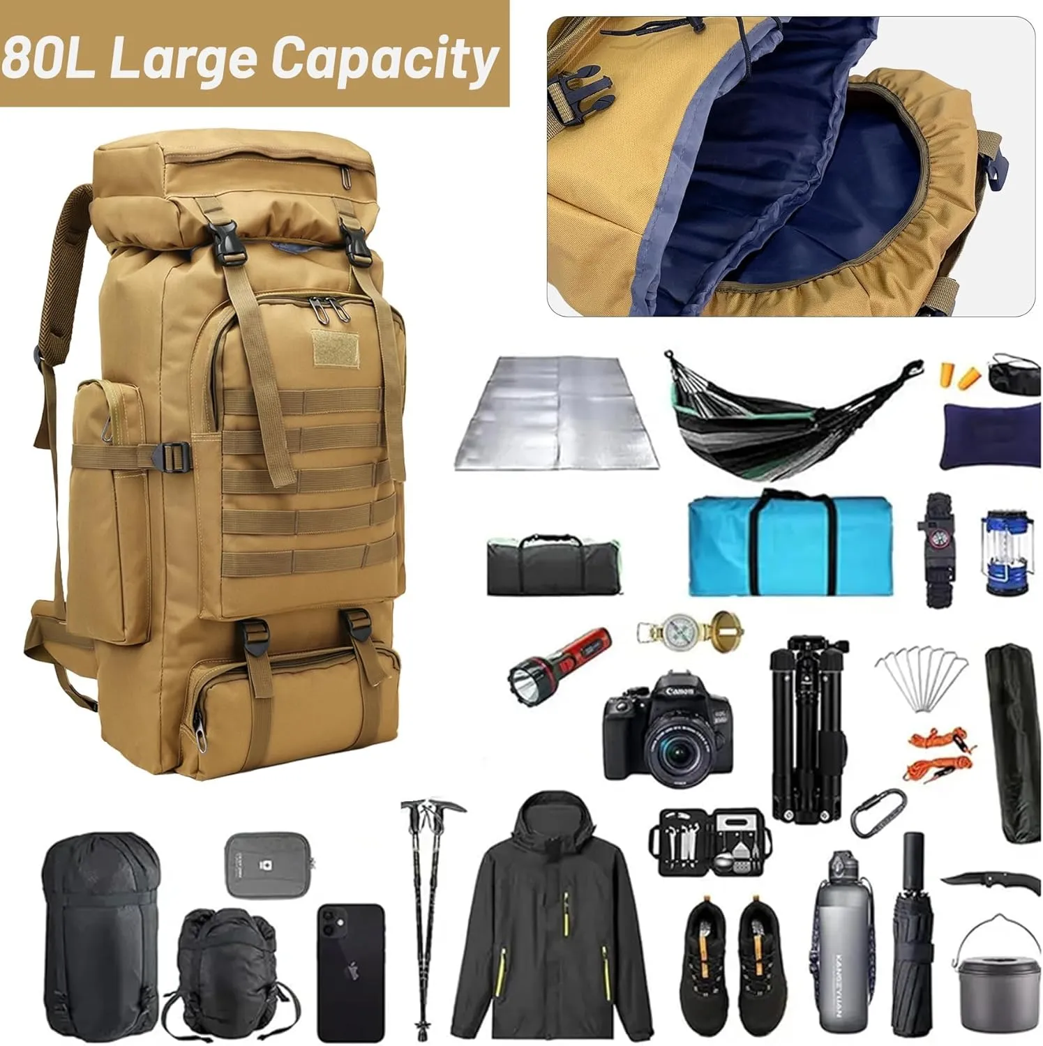 80L 2Pcs Hiking Backpack for Men Women With Sling Tactical Backpack - Molle Military Tactical Rucksack Waterproof Lightweight Hiking Backpack 3 Day Assault Pack For Travel, Climbing