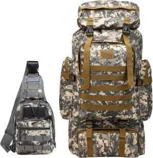 80L 2Pcs Hiking Backpack for Men Women With Sling Tactical Backpack - Molle Military Tactical Rucksack Waterproof Lightweight Hiking Backpack 3 Day Assault Pack For Travel, Climbing