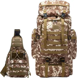 80L 2Pcs Hiking Backpack for Men Women With Sling Tactical Backpack - Molle Military Tactical Rucksack Waterproof Lightweight Hiking Backpack 3 Day Assault Pack For Travel, Climbing