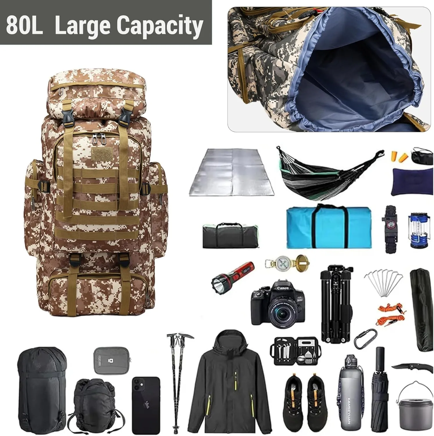 80L 2Pcs Hiking Backpack for Men Women With Sling Tactical Backpack - Molle Military Tactical Rucksack Waterproof Lightweight Hiking Backpack 3 Day Assault Pack For Travel, Climbing
