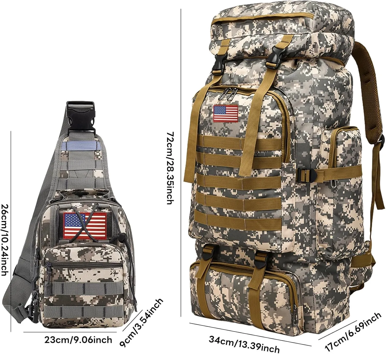 80L 2Pcs Hiking Backpack for Men Women With Sling Tactical Backpack - Molle Military Tactical Rucksack Waterproof Lightweight Hiking Backpack 3 Day Assault Pack For Travel, Climbing