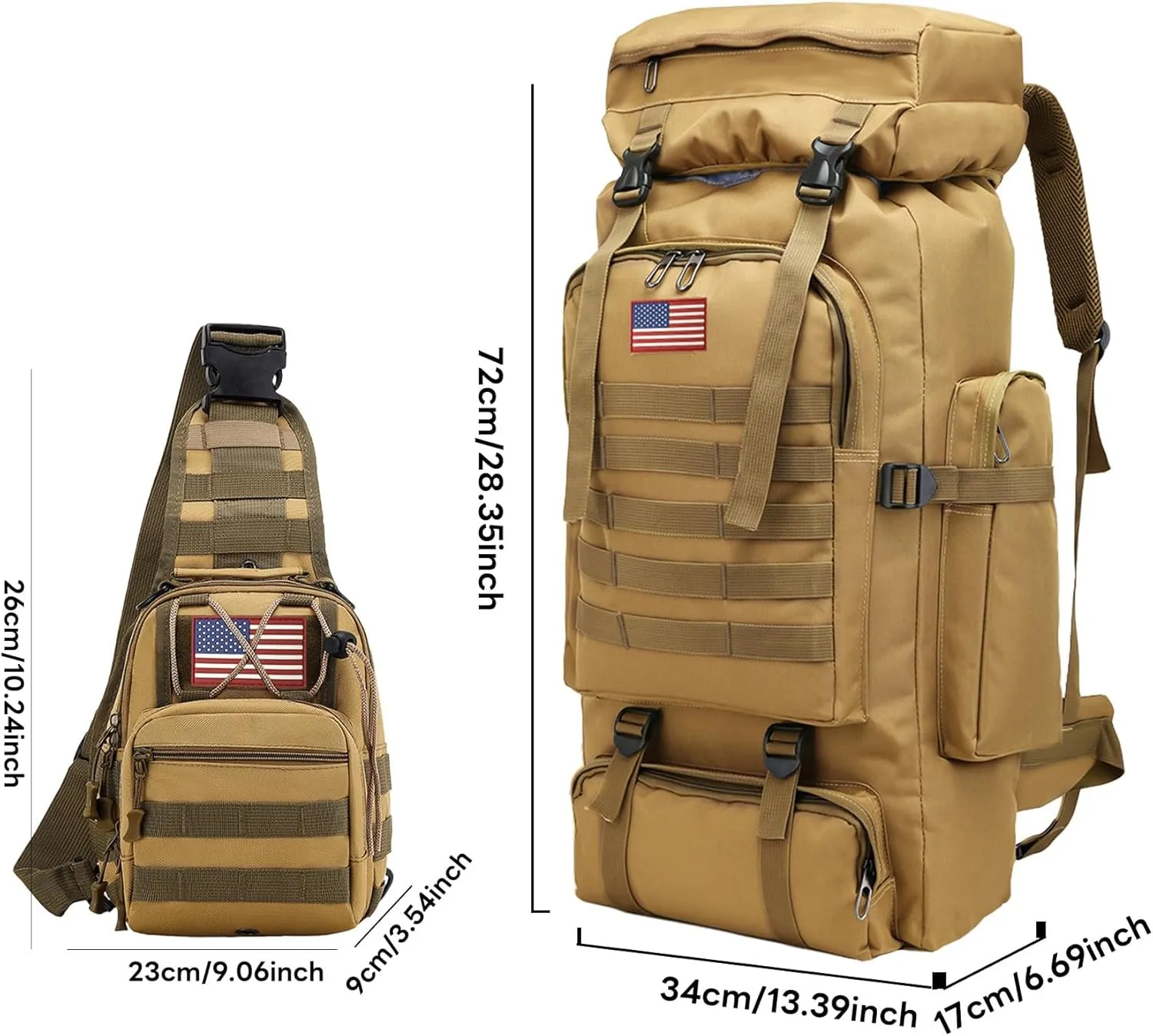 80L 2Pcs Hiking Backpack for Men Women With Sling Tactical Backpack - Molle Military Tactical Rucksack Waterproof Lightweight Hiking Backpack 3 Day Assault Pack For Travel, Climbing