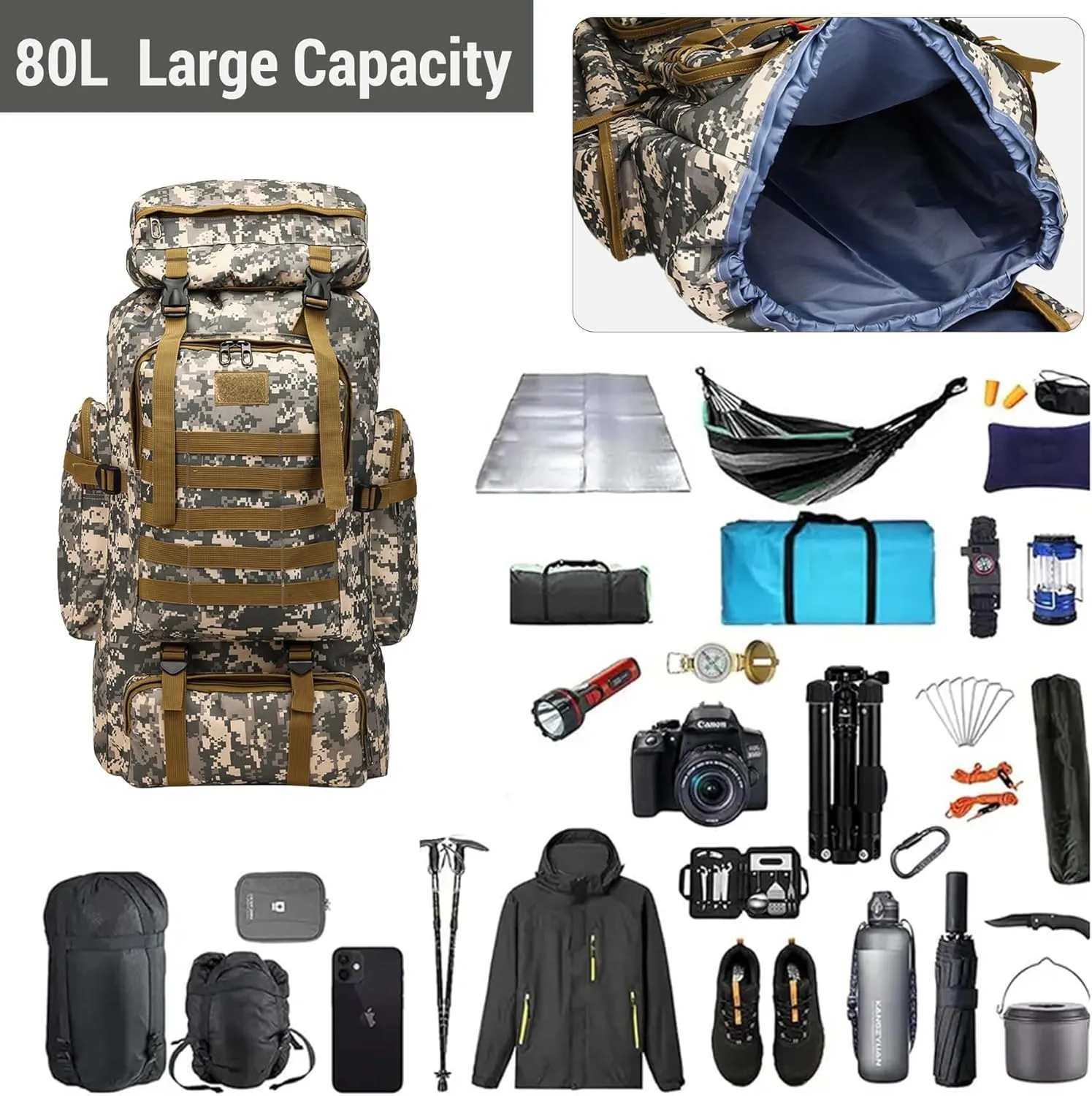 80L 2Pcs Hiking Backpack for Men Women With Sling Tactical Backpack - Molle Military Tactical Rucksack Waterproof Lightweight Hiking Backpack 3 Day Assault Pack For Travel, Climbing