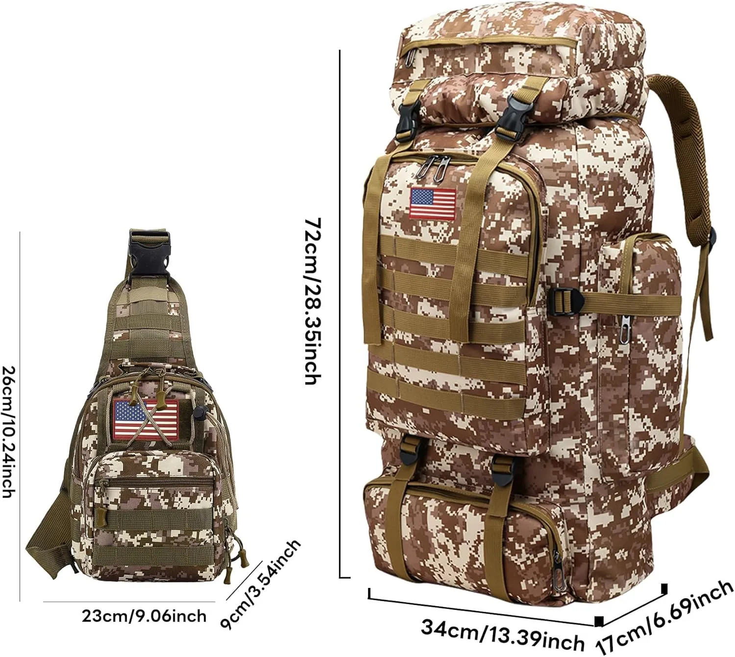 80L 2Pcs Hiking Backpack for Men Women With Sling Tactical Backpack - Molle Military Tactical Rucksack Waterproof Lightweight Hiking Backpack 3 Day Assault Pack For Travel, Climbing