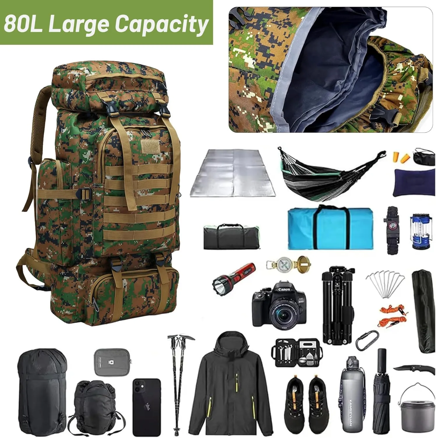 80L 2Pcs Hiking Backpack for Men Women With Sling Tactical Backpack - Molle Military Tactical Rucksack Waterproof Lightweight Hiking Backpack 3 Day Assault Pack For Travel, Climbing