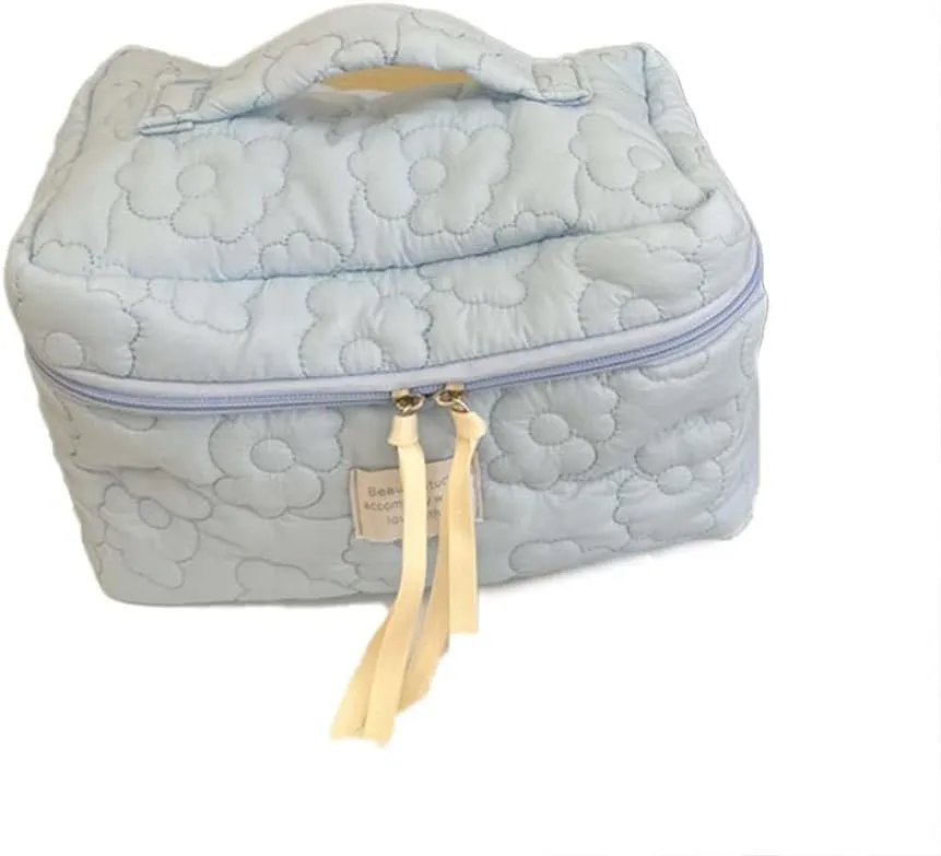 Aesthetic Cotton Quilted Makeup Bag, Large Travel Organizer Toiletry Bag, Kawaii Cosmetic Bags with Zipper, Cute Pouch Tote Purse for Women (Blue-L)