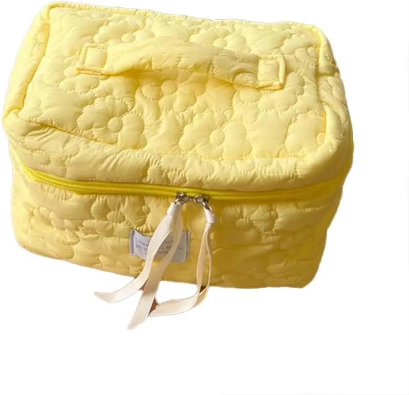 Aesthetic Cotton Quilted Makeup Bag, Large Travel Organizer Toiletry Bag, Kawaii Cosmetic Bags with Zipper, Cute Pouch Tote Purse for Women (Yellow-L)