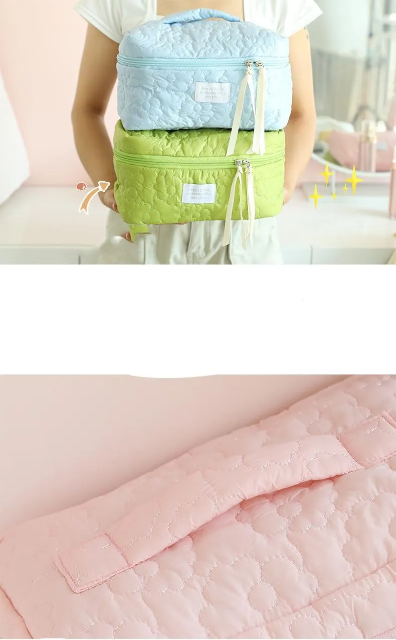 Aesthetic Cotton Quilted Makeup Bag, Large Travel Organizer Toiletry Bag, Kawaii Cosmetic Bags with Zipper, Cute Pouch Tote Purse for Women (Yellow-L)