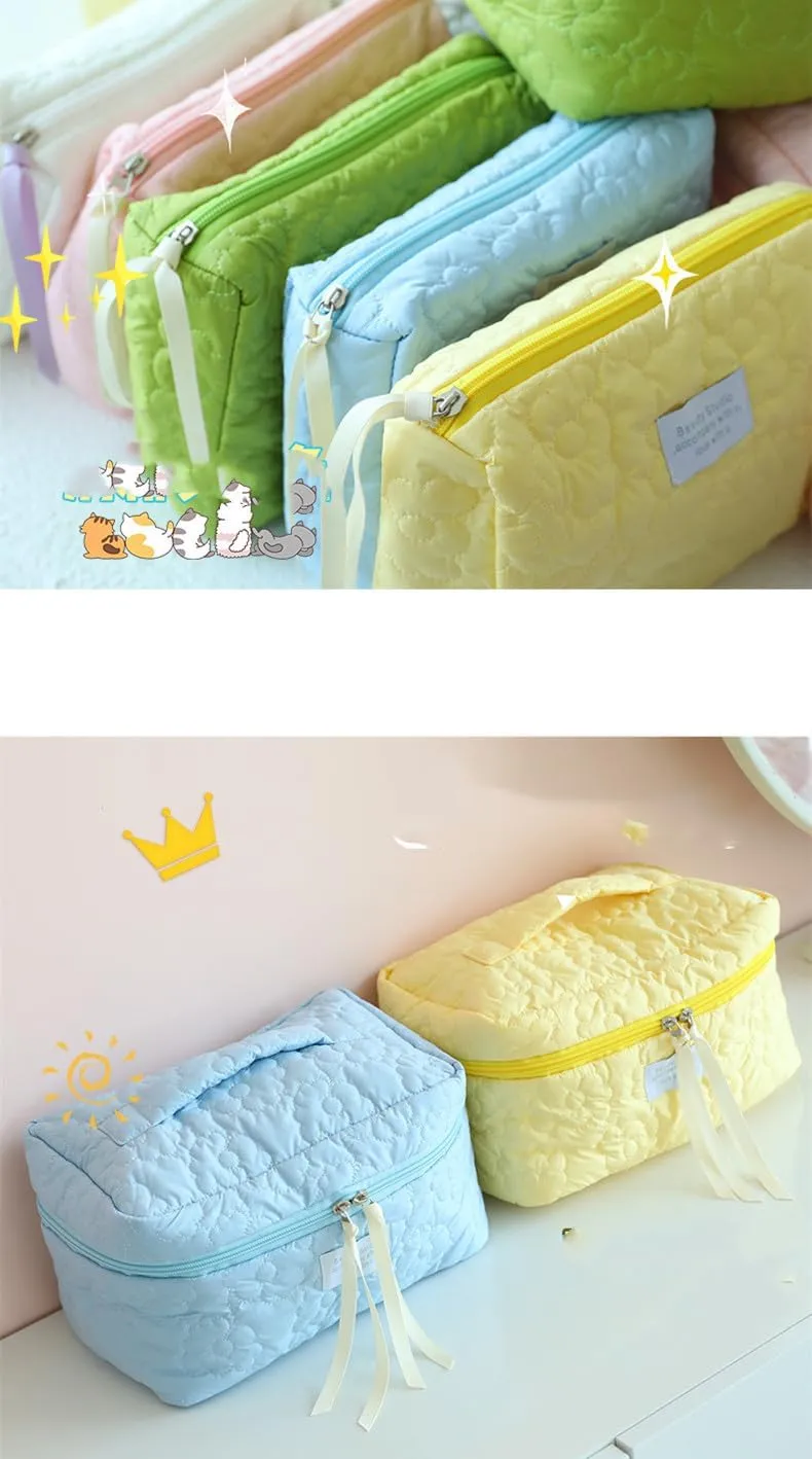 Aesthetic Cotton Quilted Makeup Bag, Large Travel Organizer Toiletry Bag, Kawaii Cosmetic Bags with Zipper, Cute Pouch Tote Purse for Women (Yellow-L)
