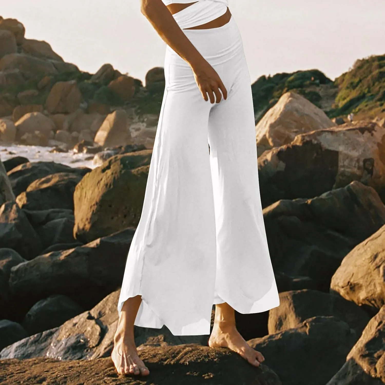 Akklian Palazzo Pants for Women 2024 Flowy Chiffon Lightweight Summer Boho Wide Leg Lounge Pants Trouser High Waist Yoga Pant