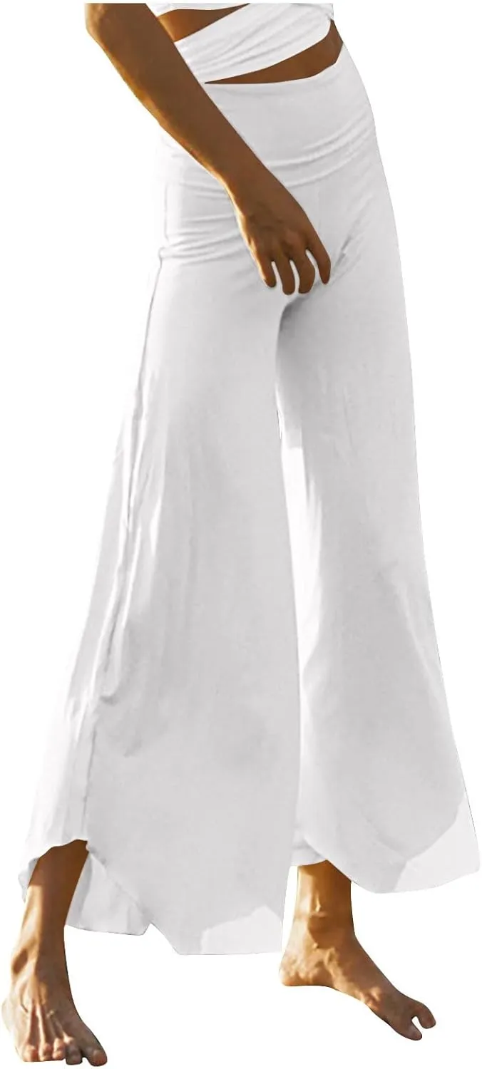 Akklian Palazzo Pants for Women 2024 Flowy Chiffon Lightweight Summer Boho Wide Leg Lounge Pants Trouser High Waist Yoga Pant