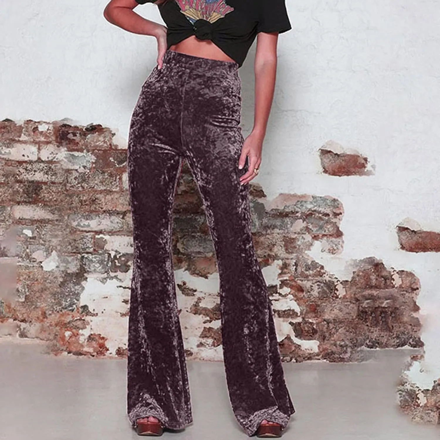 Akklian Women's High Waist Wide Leg Long Palazzo Bell Bottom Yoga Pants Velvet Elastic Waist Flare Leg Trendy Long Trousers