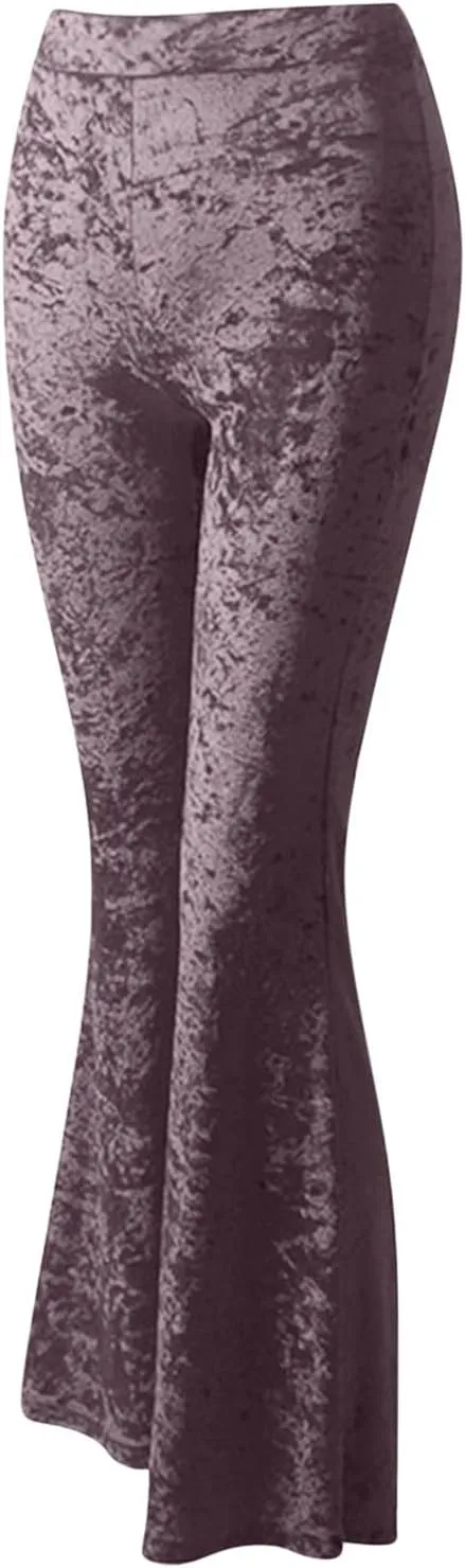 Akklian Women's High Waist Wide Leg Long Palazzo Bell Bottom Yoga Pants Velvet Elastic Waist Flare Leg Trendy Long Trousers