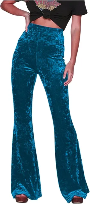 Akklian Women's High Waist Wide Leg Long Palazzo Bell Bottom Yoga Pants Velvet Elastic Waist Flare Leg Trendy Long Trousers
